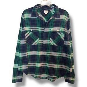 J Crew XL Navy Green White 1/2 Zip Cozy Plaid Flannel Pullover Shacket Shirt